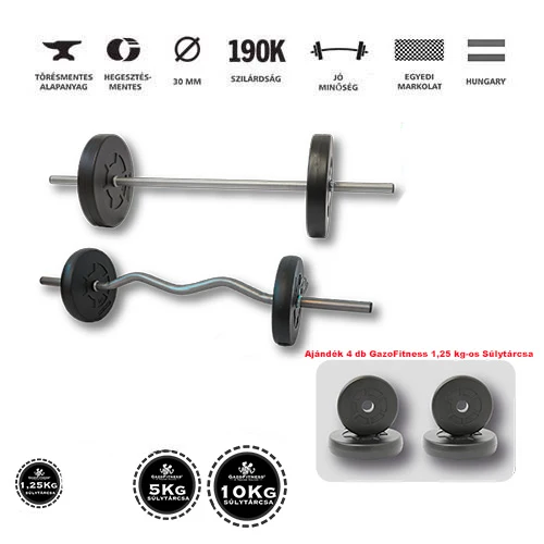 GazoFitness® Egyenesrudas és Franciarudas Készlet (Össz: 35 kg) Ajándék 4 db 1,25 Kg-os Súlytárcsa