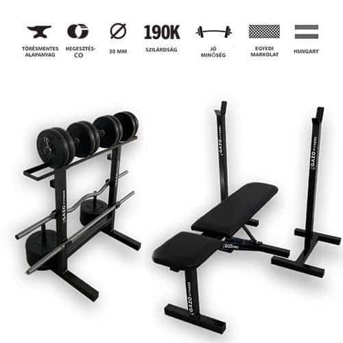 GazoFitness® Hardcore Csomag (Súly 66 Kg) / Mobil Állvány, Dönthető Pad, Tároló/