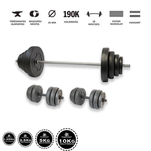GazoFitness® Hardcore Készlet 67,5 kg (Menetes kézisúlyzórúddal)