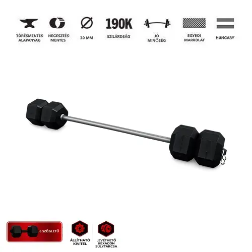 GazoFitness® Hatszögletű súlyzókészlet kétkezes rúddal 22 kg